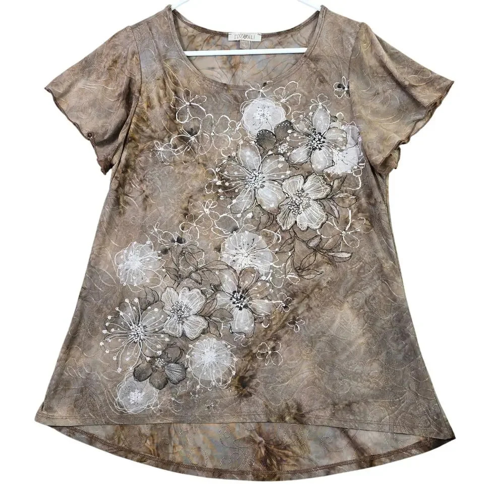 Roz & Ali Whimsy Fairy Top Blouse Women LP Brown Rhinestones Flutter Earthy
